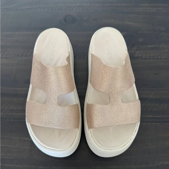 Crocs Glitter Slide Sandals Champagne Gold Platform Comfort Women’s 7 - Picture 3 of 8